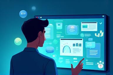 Illustration of a person engaged with various software features