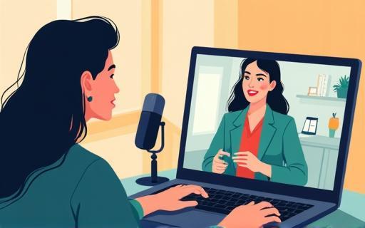 Image of a vocal coach teaching a student online using a laptop
